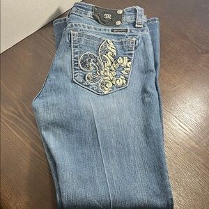 Miss Me Blue Boot Cut Jeans with Gold Embroidery